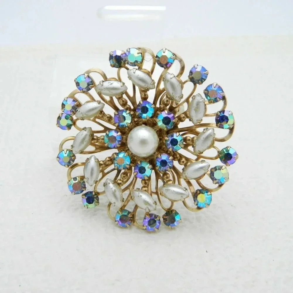 Gold Tone Faux Pearl Blue AB Rhinestone Star Set